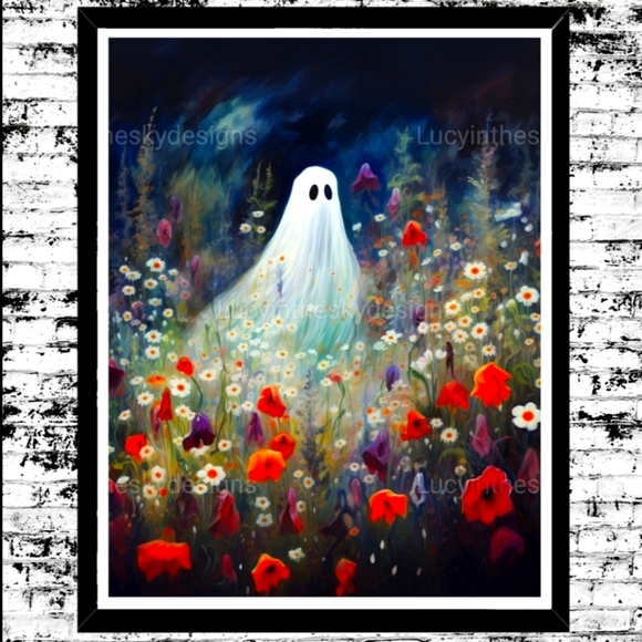 Halloween Ghost in Wildflower Field Boho Art Print Home Decor 8.5x11 - Picture 1 of 5